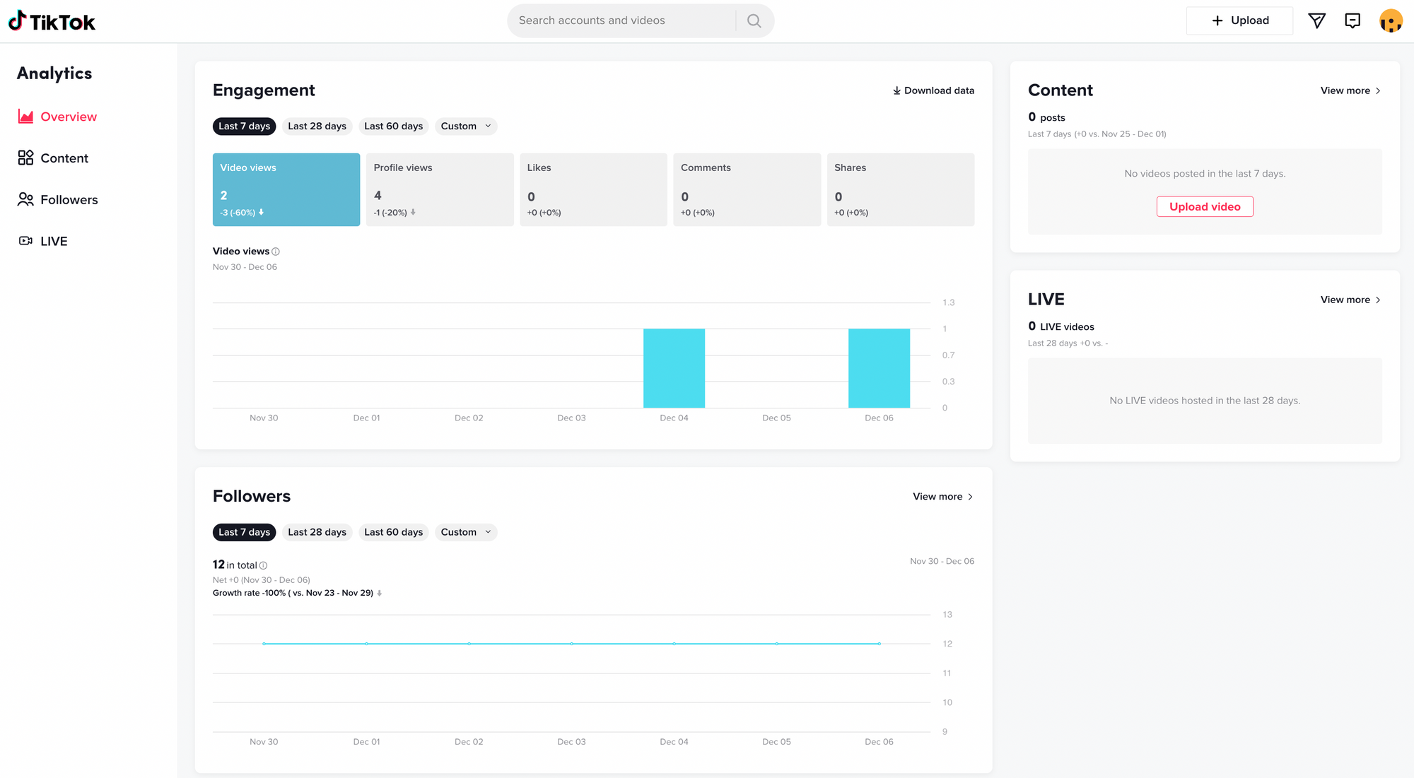 A screenshot of how to access tiktok analytics from the native app on desktop