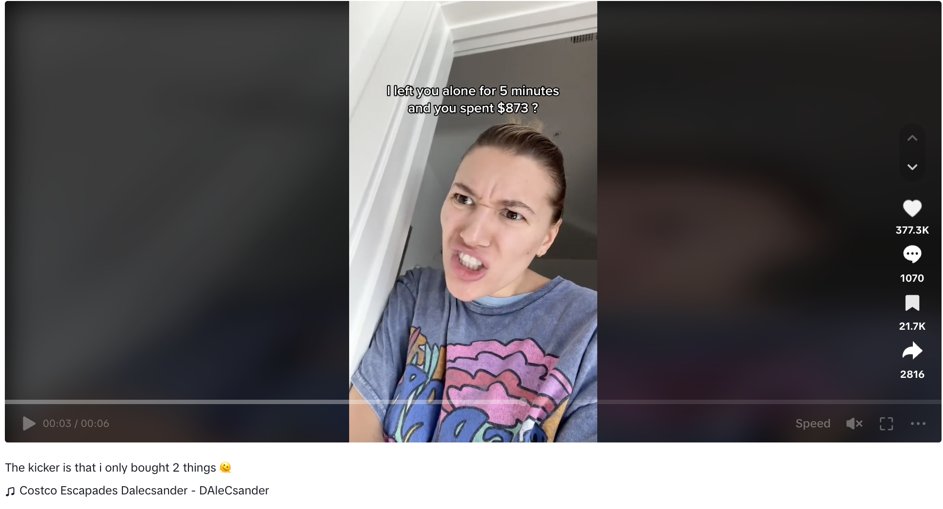 i left you alone for 5 minutes trend in a tiktok video of a woman screaming about shopping