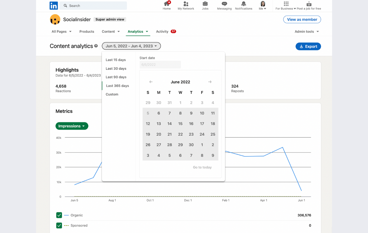 screenshot from native linkedin analytics with the timeframe setting 