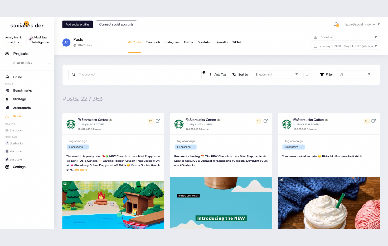 screesnhot from socialinsider posts showing all posts from starbucks dfrom 2023 with the keyword frappuccino