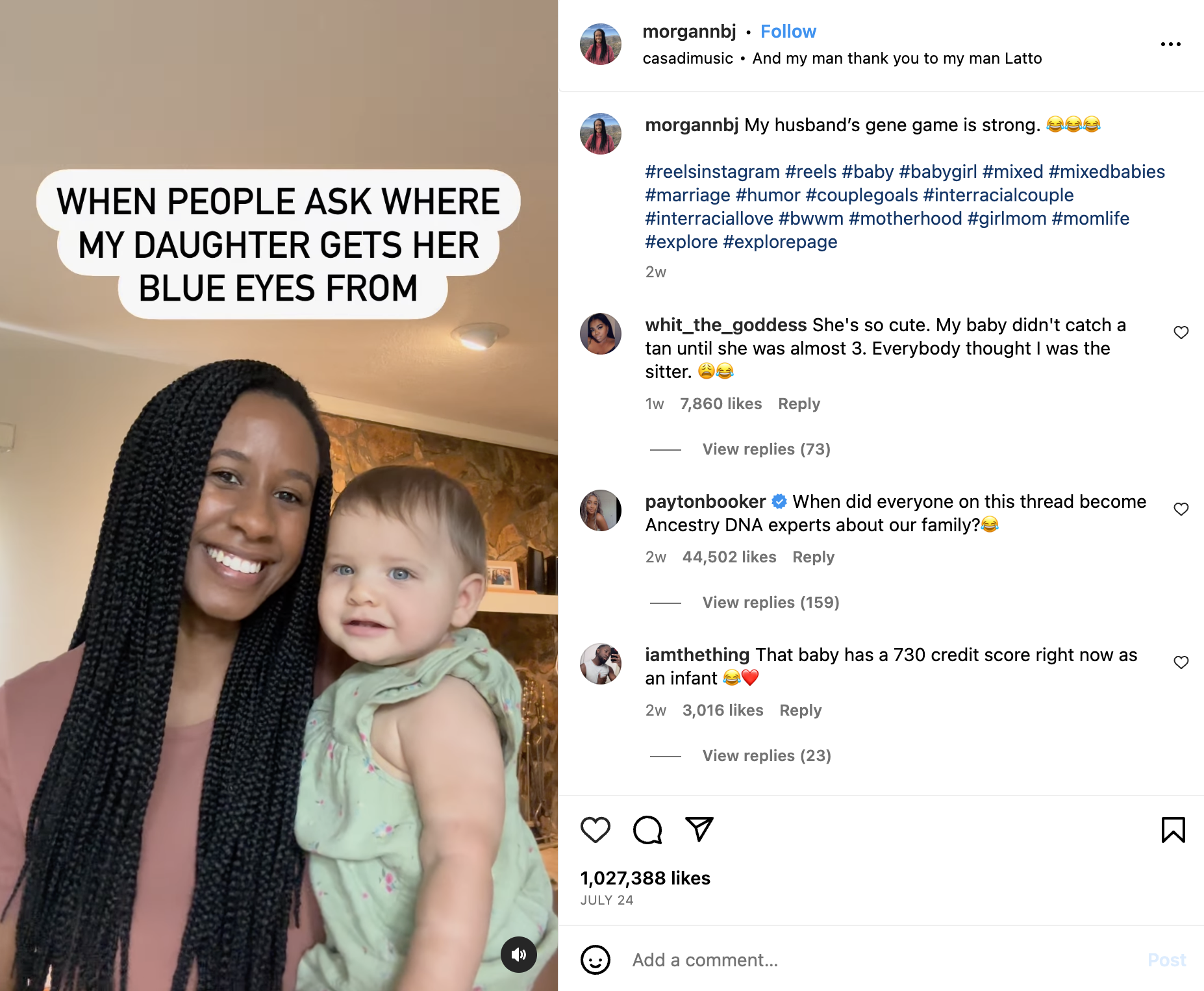 screenshot from instagram showing a woman of color holding her blue-eyes baby