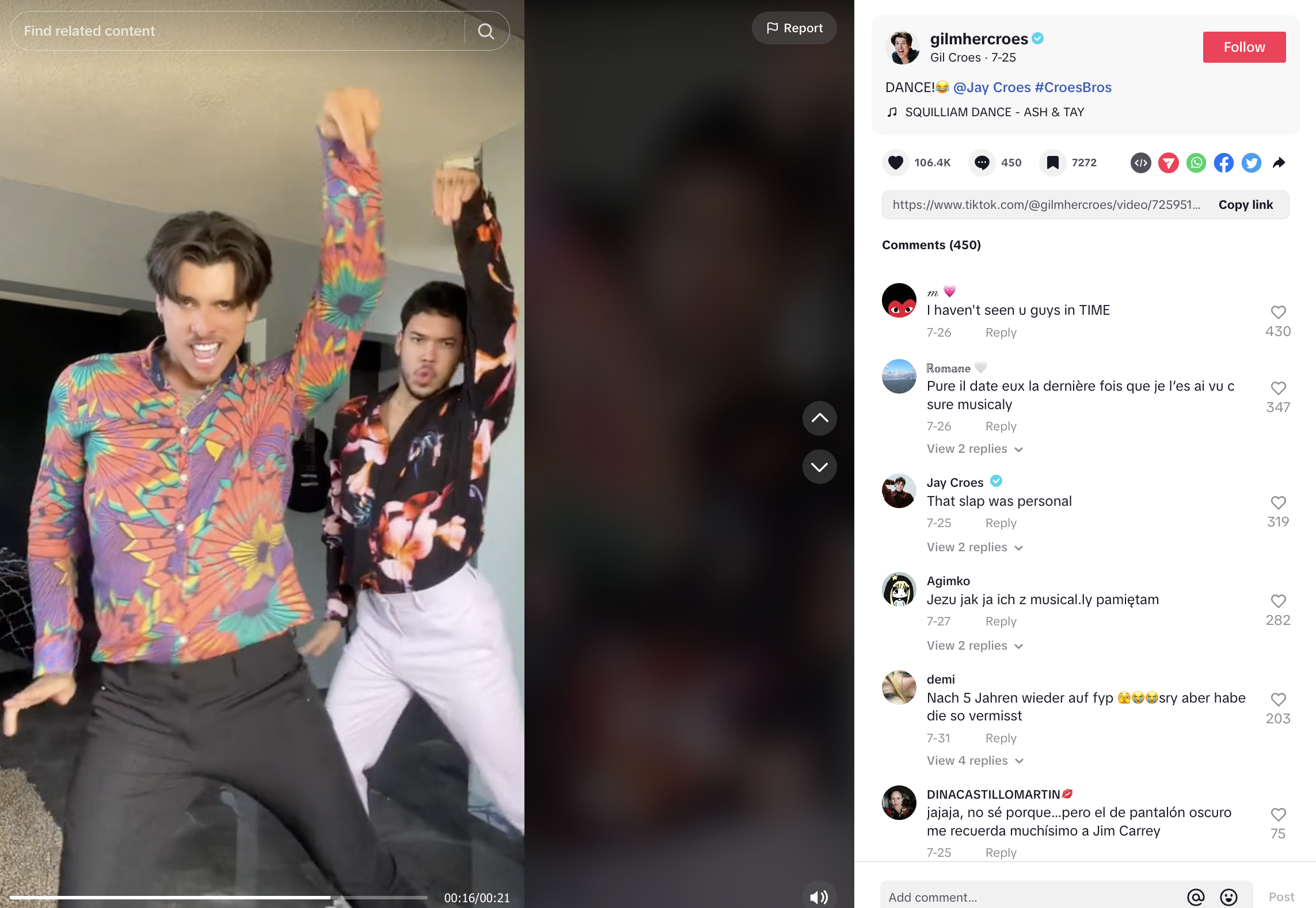 a screenshot from tiktok from the squilliam dance with two men dancing