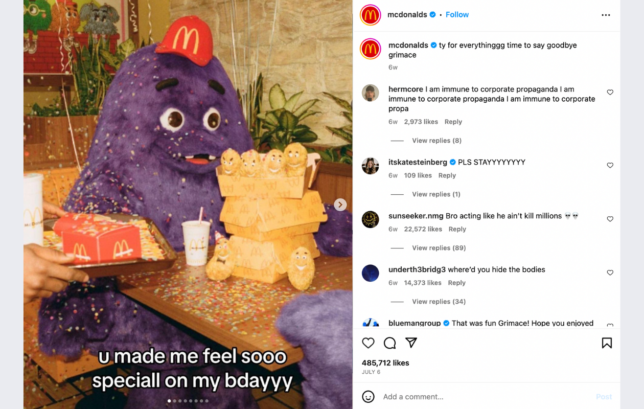 screenshot from mcdonald's instagram with a post about grimace's birthday