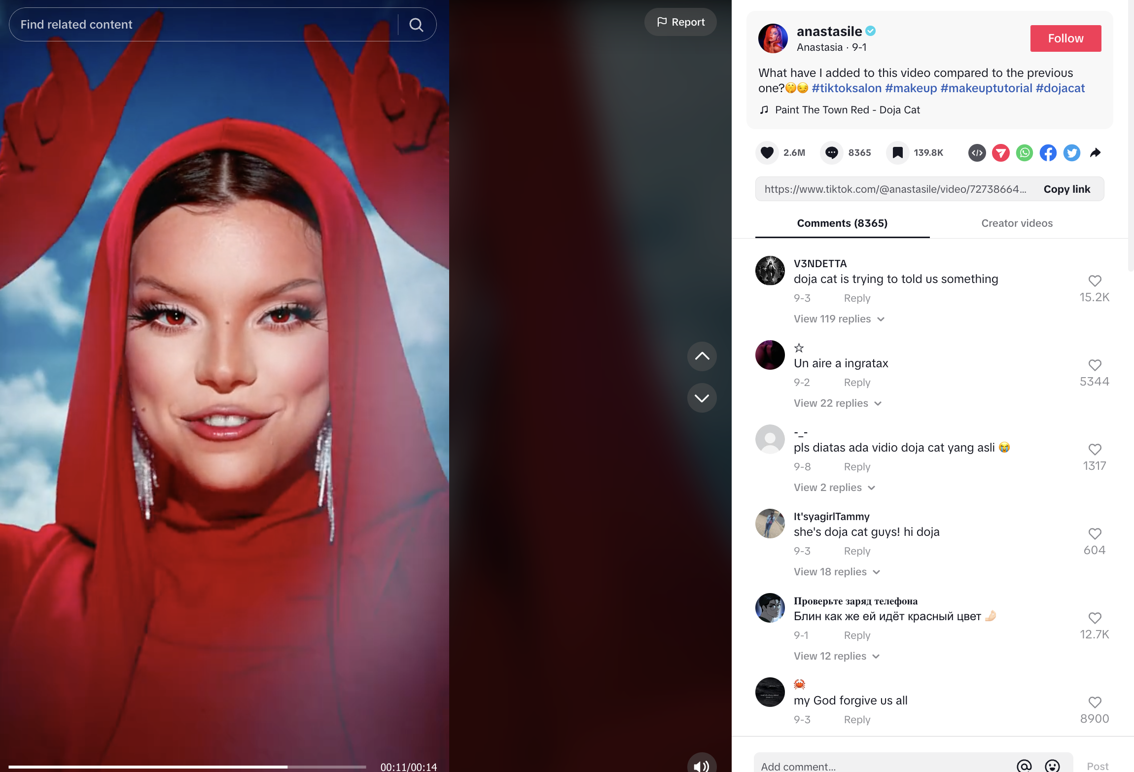 screenshot from tiktok showing a girl's makeup transition while she's dressed in red