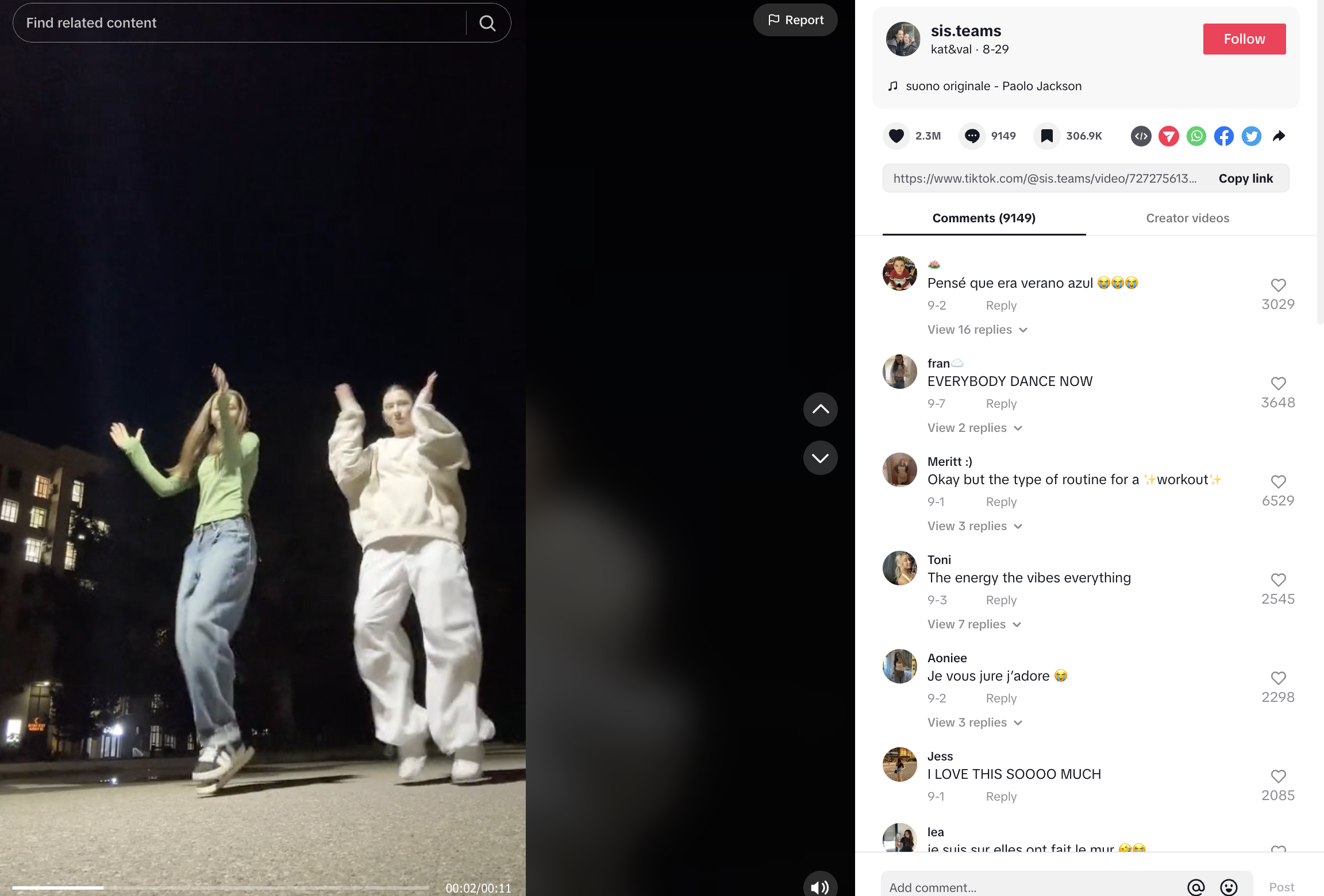 screenshot from a tiktok dance with 2 girls at night, on the street