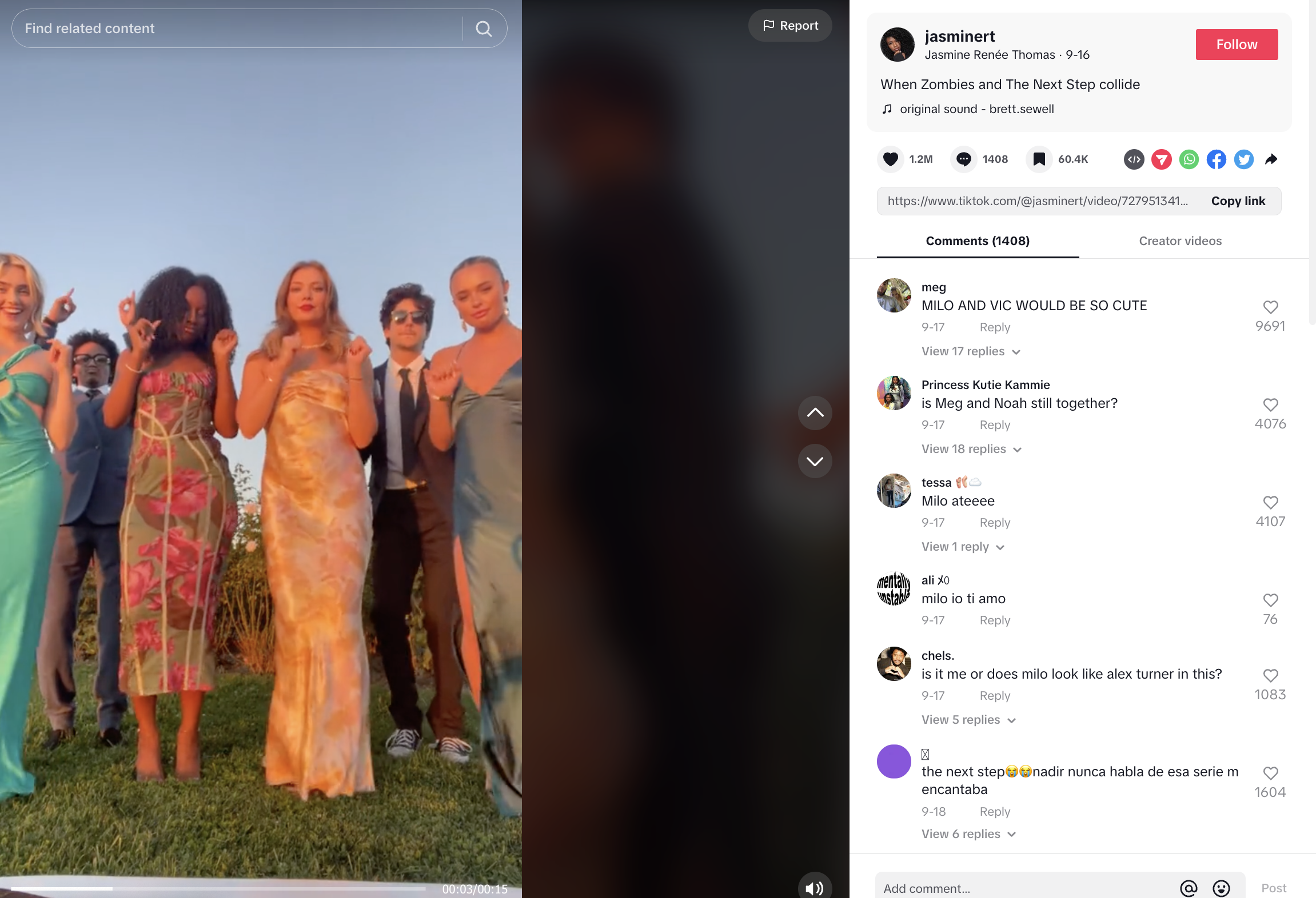 screenshot from tiktok with  2 boys and 4 girls dancing, all dressed for a party