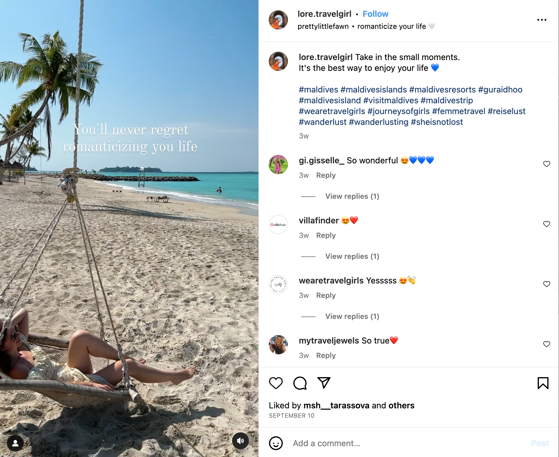 screenshot from a reel showing a girl in a swing on the beach in maldives