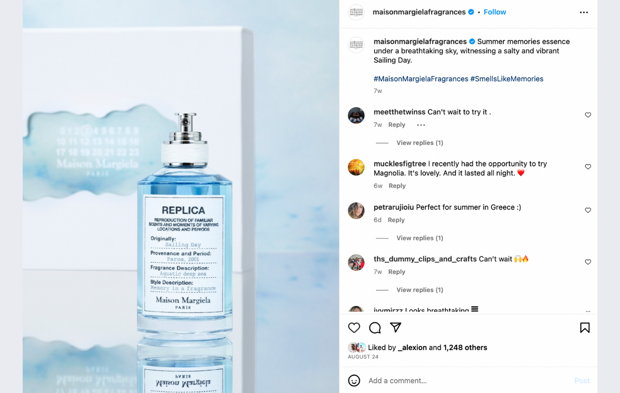 screenshot from maison margiela fragrances instagram post with sailing day perfume on a mirror