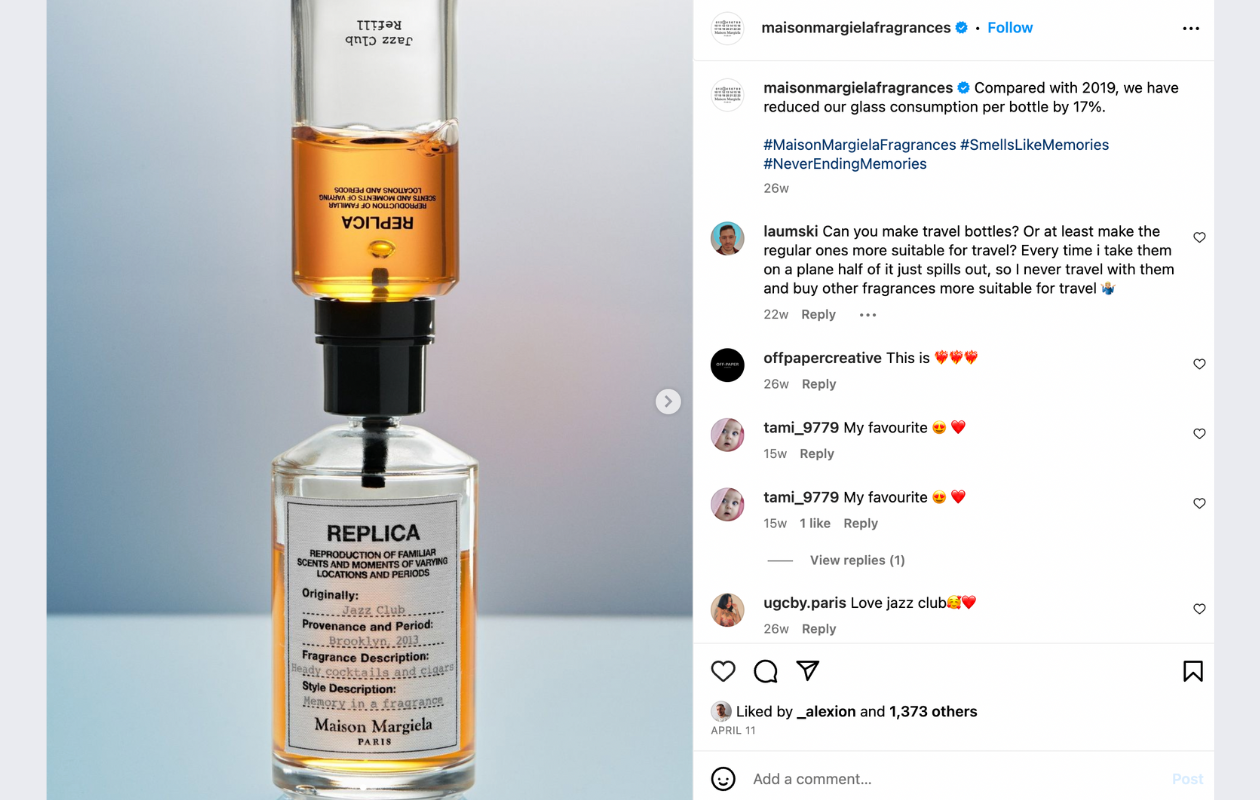 screenshot from maison margiela fragrances insta post with refill bottles for perfumes