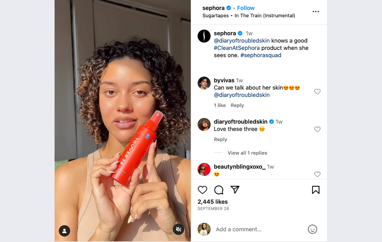 screenshot from sephora instagram with a girl showing a spray