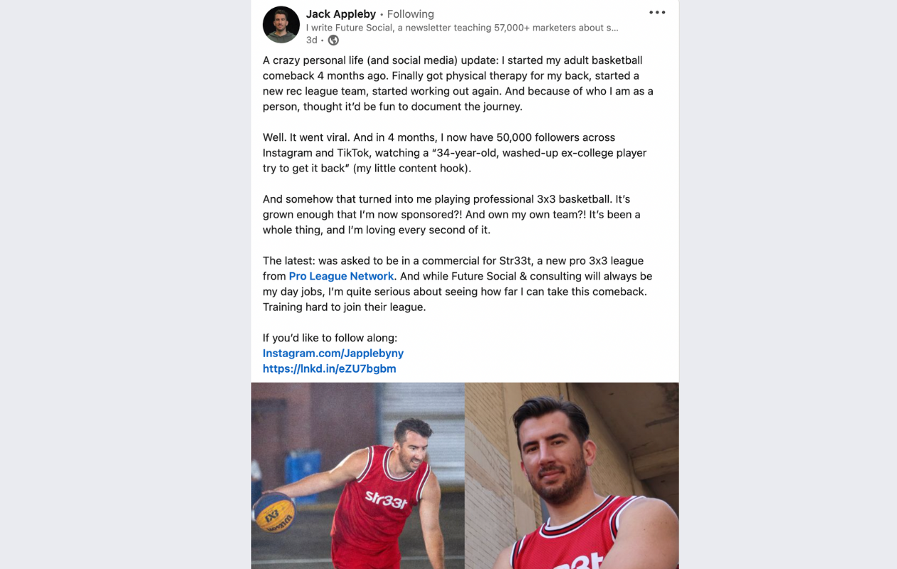 screenshot from linkedin jack appleby about basket