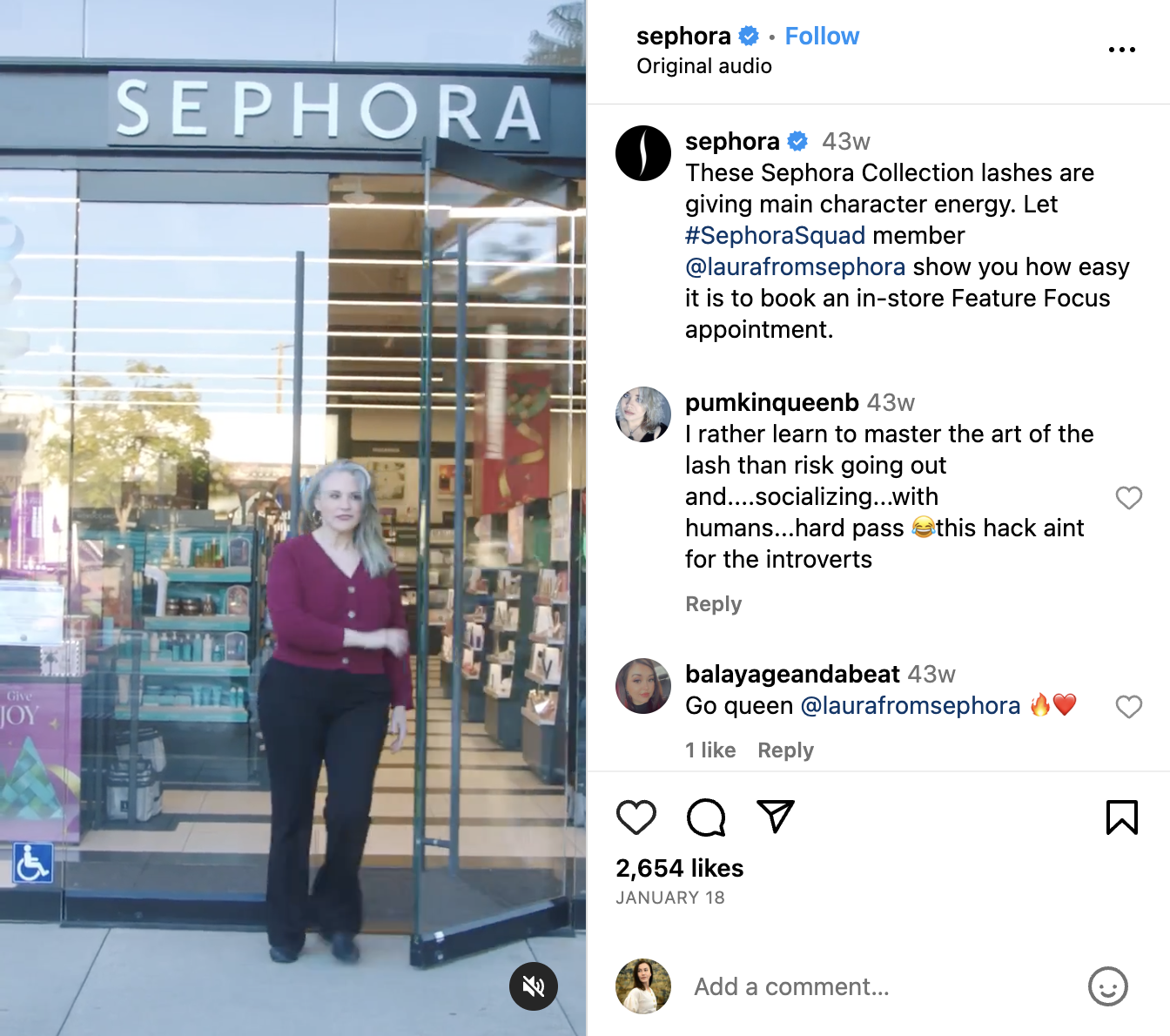 screenshot from sephora's instagram reel with a woman with grey hair, purple top and black pants getting out of a sephora store