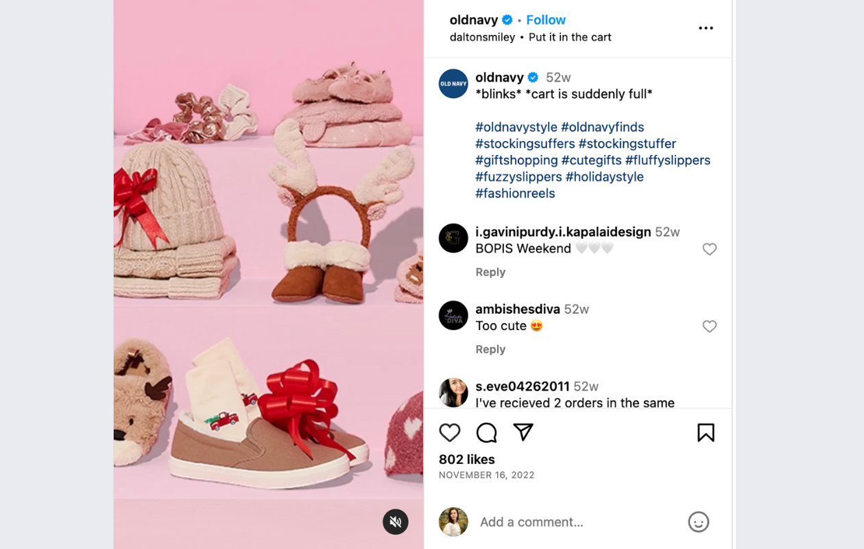 screenshot from old navy instagram with a reel displaying different shoes and hats for the holiday season