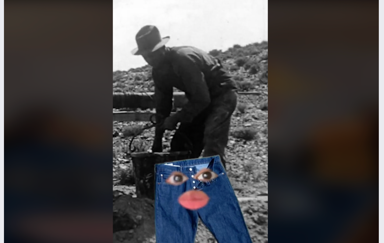 screenshot from levis' tiktok with a pair of jeans applied over a black and white video of a working man