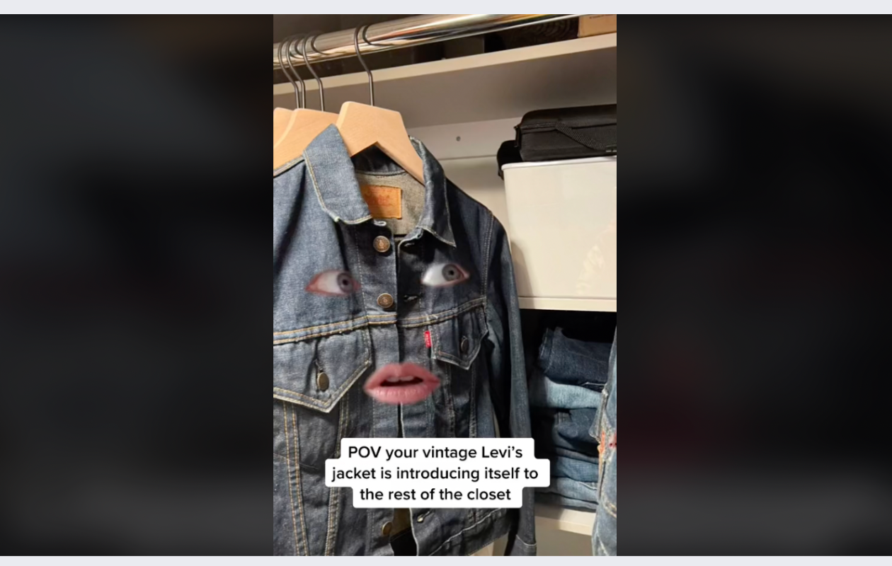 screenshot from levis' tiktok showing a jeans jacket with eyes and lips