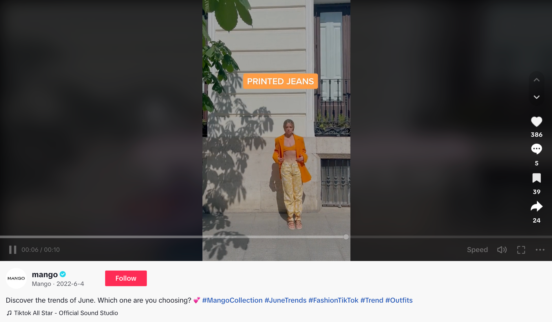 screenshot from mango's tiktok with a girkl dressed in orange