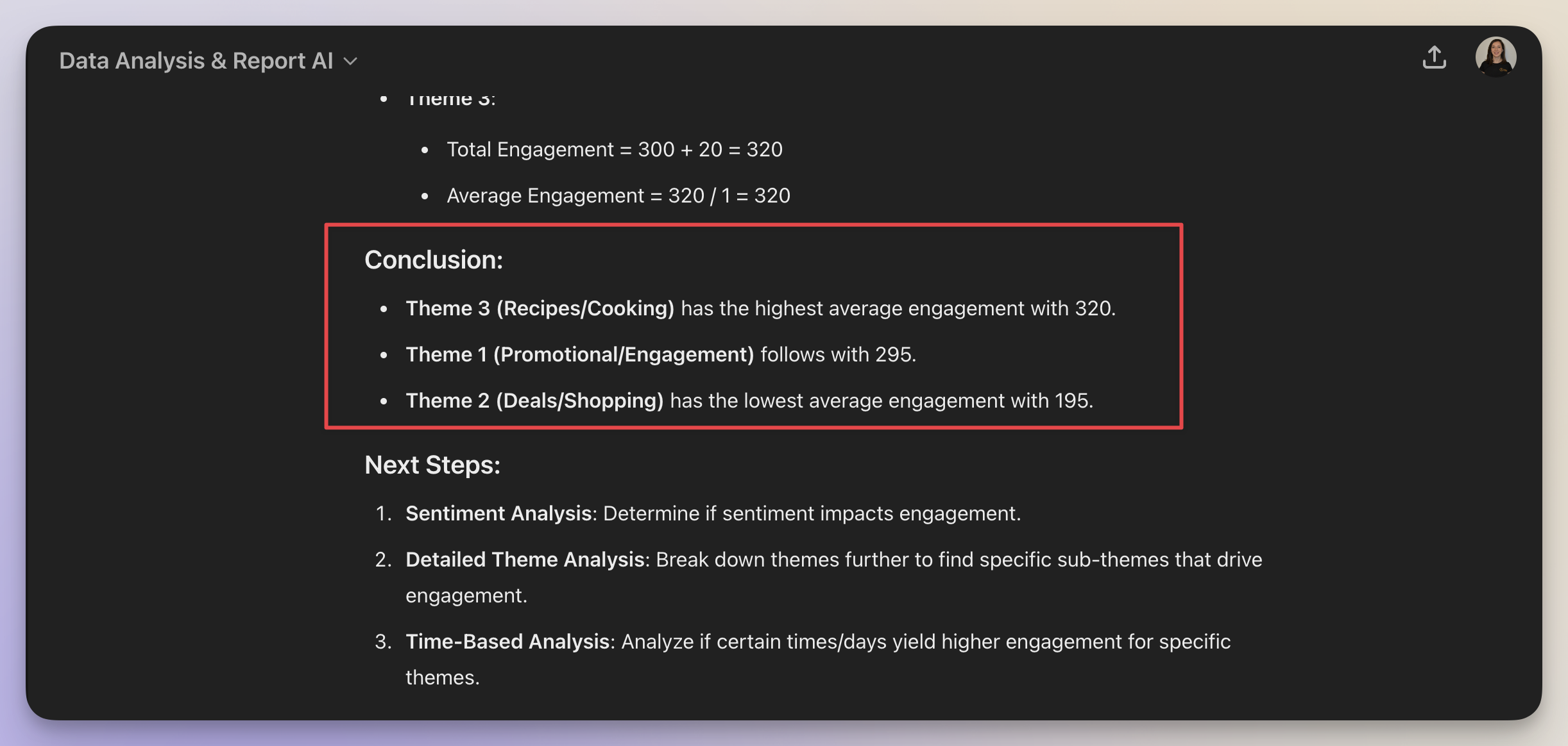 Here are the engagment metrics for each social media content pillar