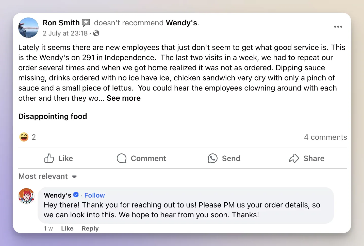 wendy's facebook review