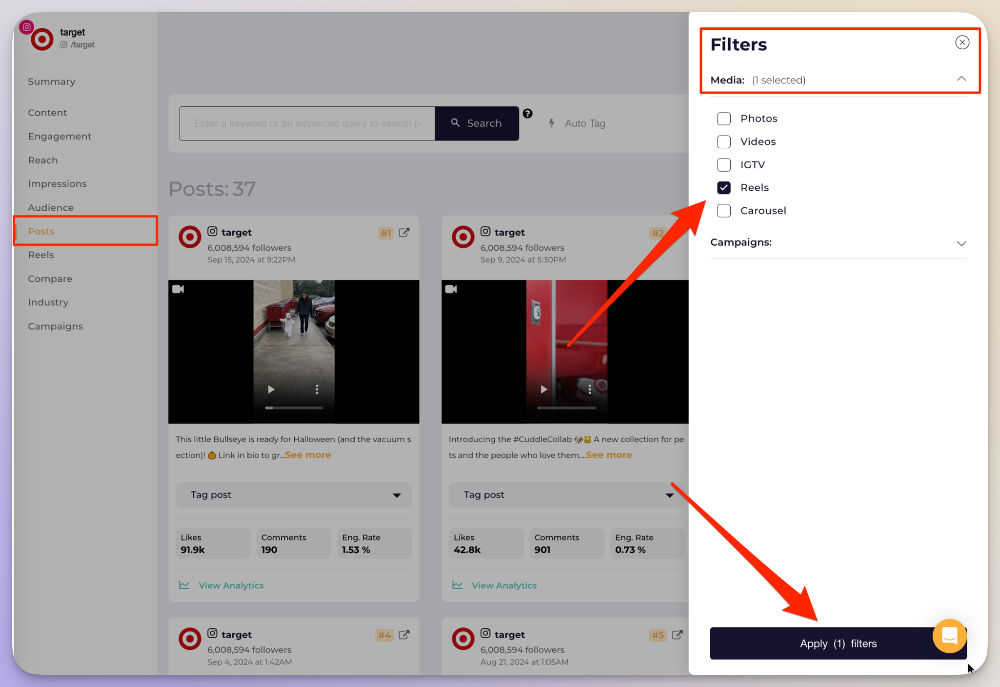 socialinsider filtering optios