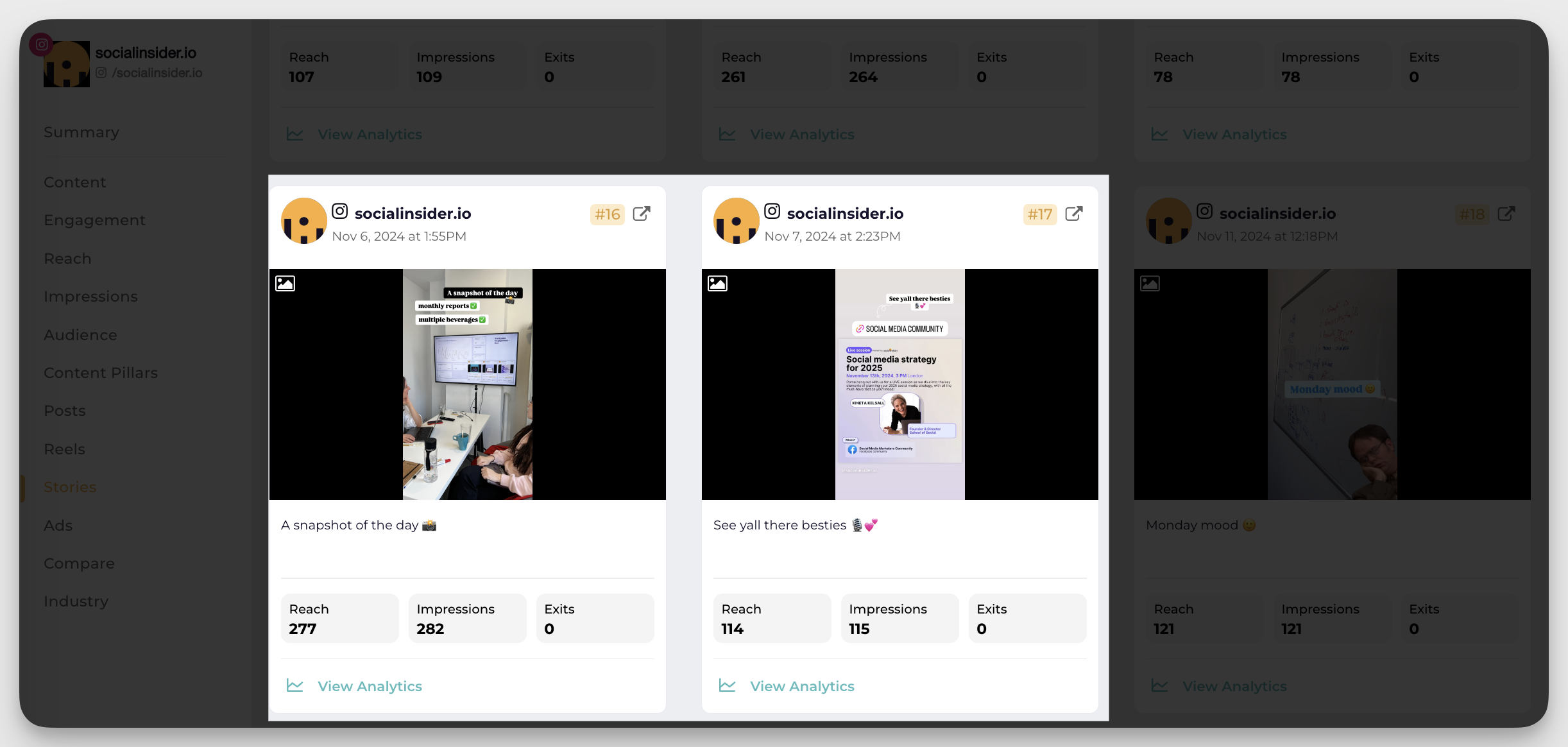 Here's Socialinsider's dashboard which gives you analytics on Stories