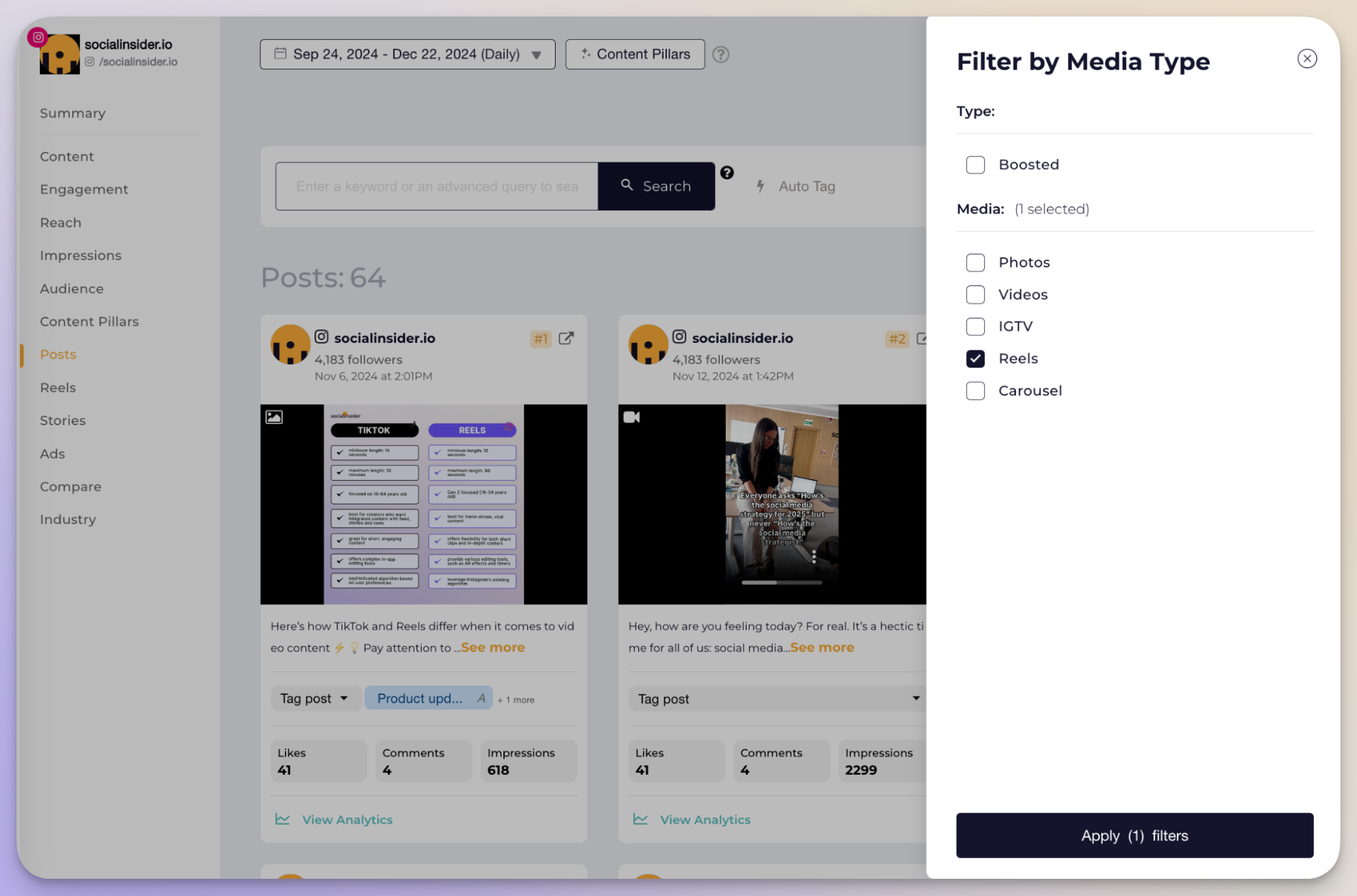 socialinsider instagram reels analytics