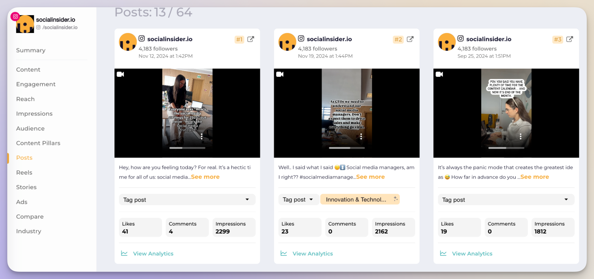 socialinsider top performing reels data